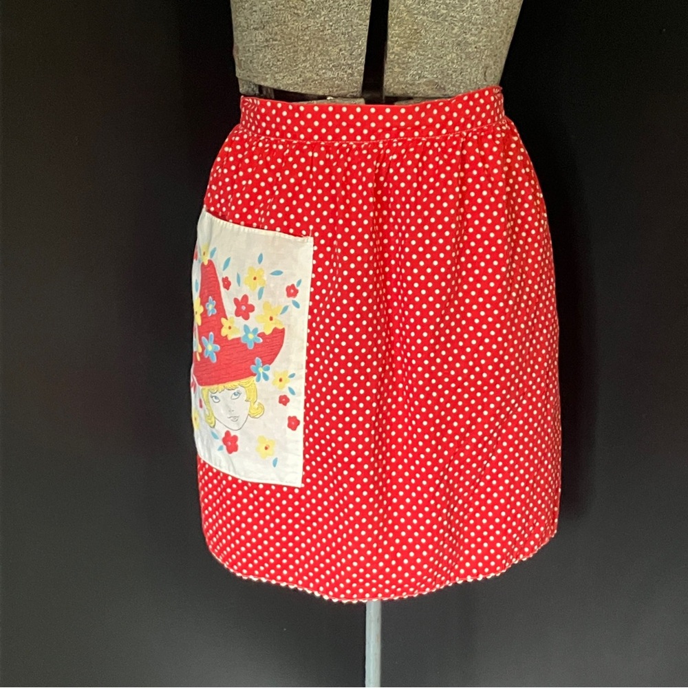 Vintage Handmade Red & White Polka Dot Apron with Floral Woman Sombrero Pocket